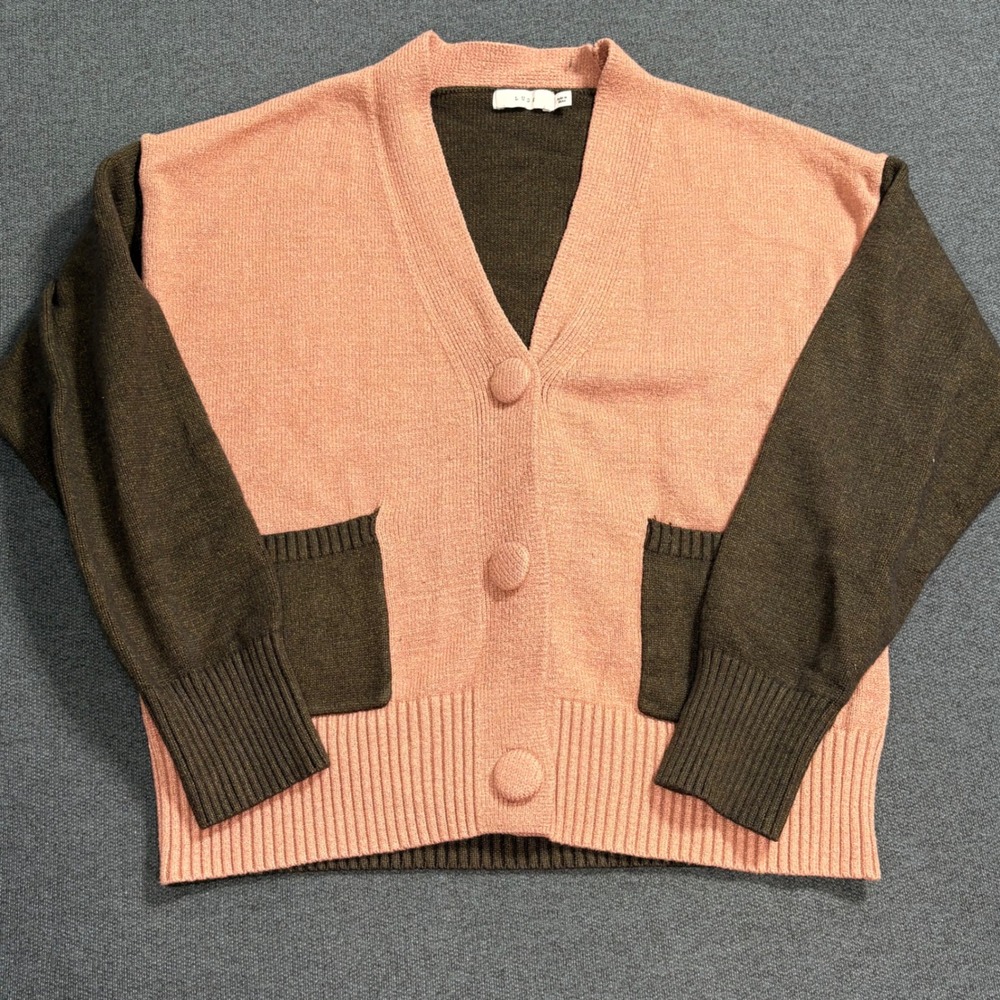 Lush Colorblock Cardigan Sweater Peach Pink Olive Brown V-Neck Button Small